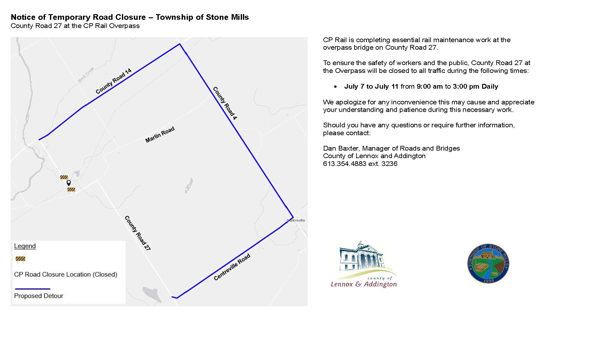 Notice of Temporary Road Closure - Township of Stone Mills, County Road 27 at CP Rail Overpass